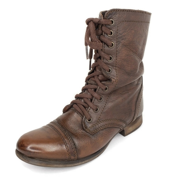 STEVE MADDEN Brown Leather TROOPA Zip Combat Boots - Picture 1 of 12